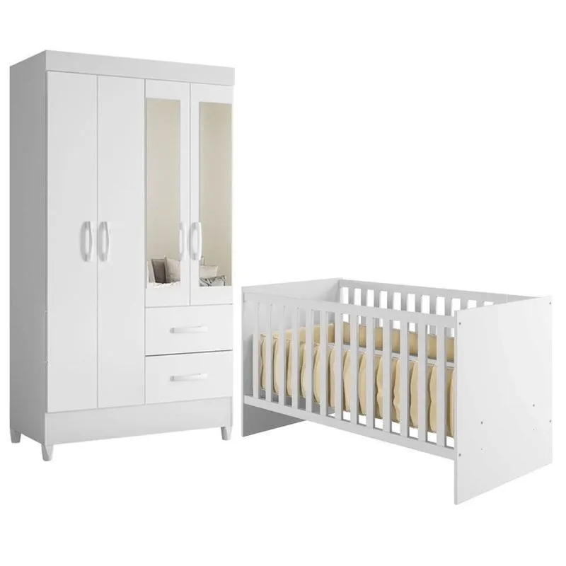 Berço Convencional Nacional Life 2186 Com Guarda Roupa Mobi Com Espelho MDF Branco Flex Albatroz