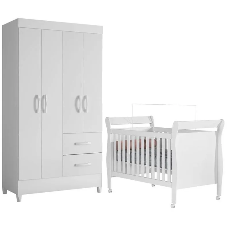 Kit Quarto De Bebê Berço Americano Slim Com Guarda Roupa Mobi Mdf Branco Flex Albatroz Móveis