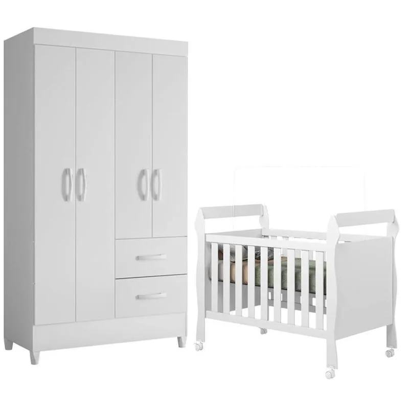 Kit Berço Com Guarda Roupa Americano Mini Cama Soninho Mobi 4 Portas MDF E MDP Branco Albatroz