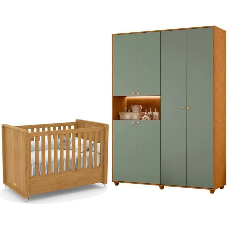 Berço com Guarda Roupa Infantil Americano Tutto New Vittoria MDF e MDP Freijó Cinamomo Sálvia