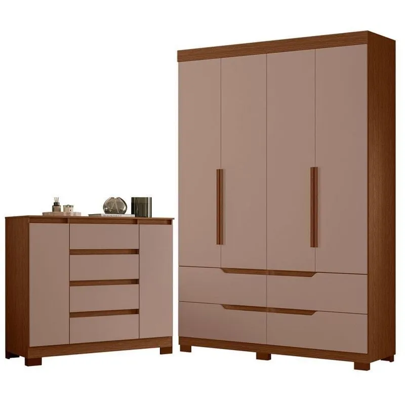 Guarda Roupa Solteiro Doble 04 Portas E Cômoda Sapateira Atena 4 Gavetas Mdp Nogueira Capuccino