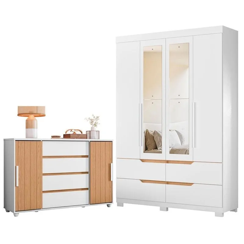 Guarda Roupa Solteiro Doble Cômoda 4 Portas Correr 4 Gavetas Mdp Branco Freijo Albatroz Móveis