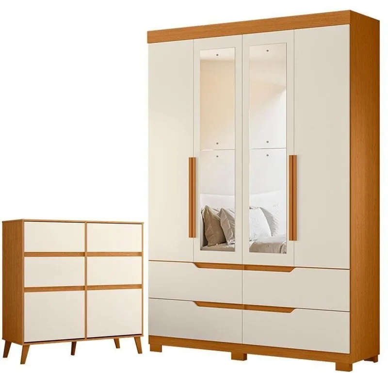 Guarda Roupa Solteiro Com Cômoda Doble 4 Portas De Bater Com Espelho 4 Gavetas Mdp Cinamomo E Off