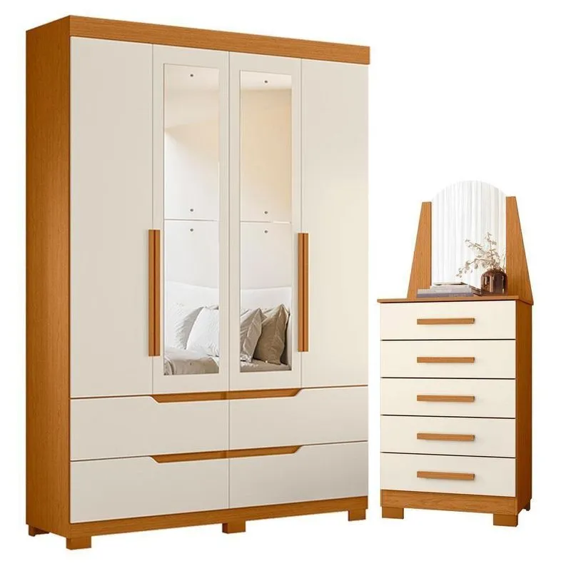 Guarda Roupa Solteiro Com Cômoda Doble 4 Portas De Bater Com Espelho 4 Gavetas Mdp Cinamomo Off