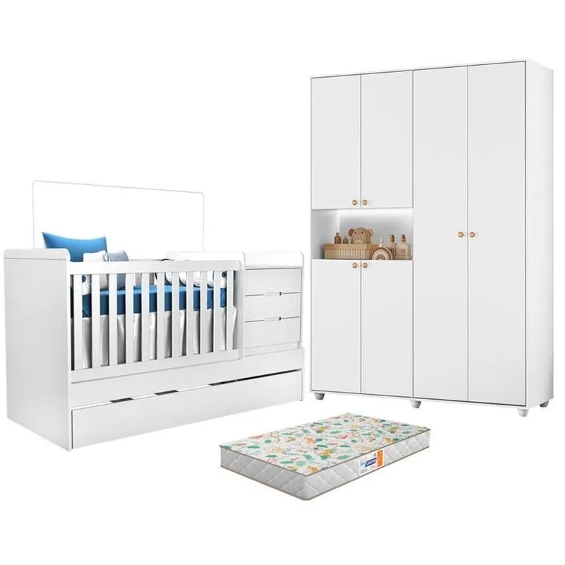 Berço Multifuncional Cléo com Guarda Roupa e Colchão MDF Branco Albatroz Móveis