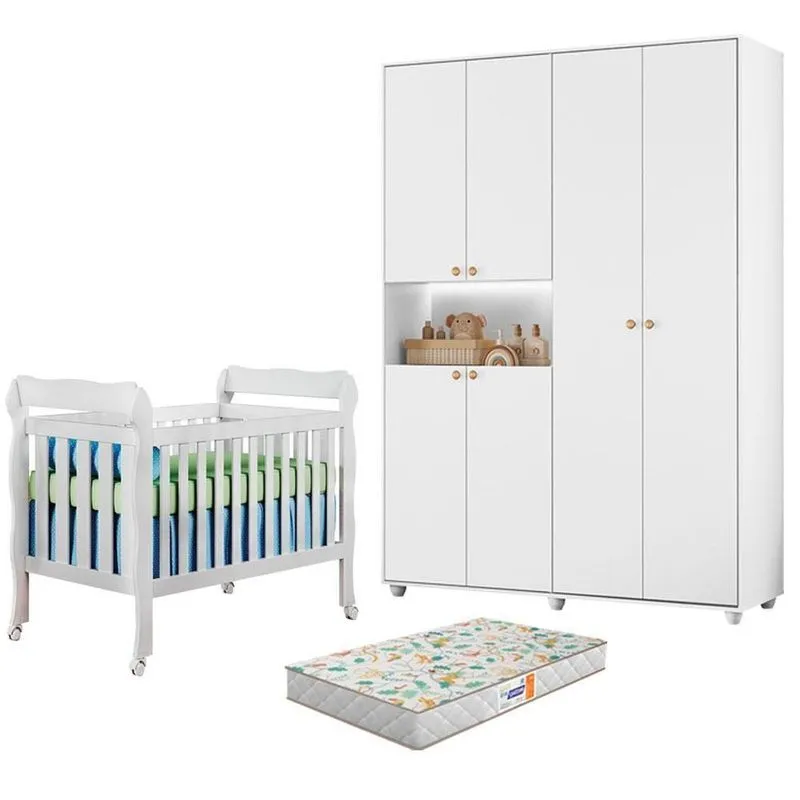 Berço Americano com Guarda Roupa Infantil Lila 6 Portas MDF Branco com Colchão Albatroz Móveis