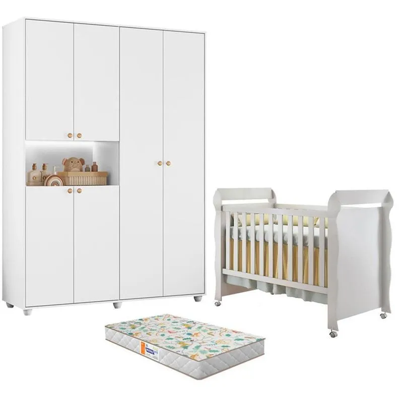 Berço Americano Mirelle com Colchão e Guarda Roupa Vittoria 6 Portas 2 Gavetas MDP Branco Albatroz