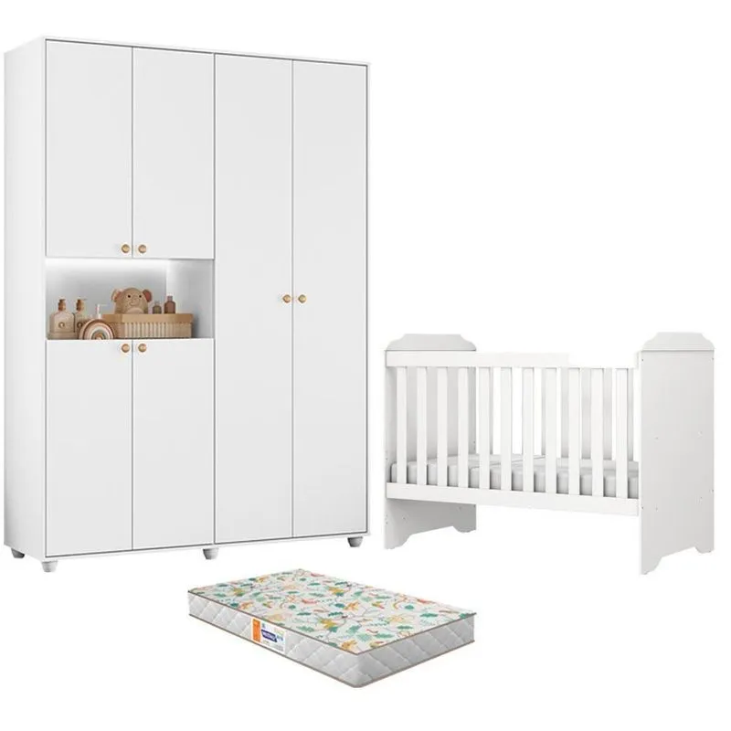 Berço Americano com Guarda Roupa Infantil Vittoria 6 Portas MDP Colchão Incluso Branco