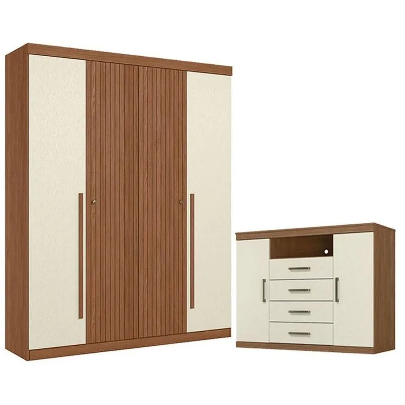 Guarda Roupa Casal Ripado Buriti 4 Portas De Bater 2 Gavetas Mdf-mdp Jatobá Areia Com Cômoda Havana