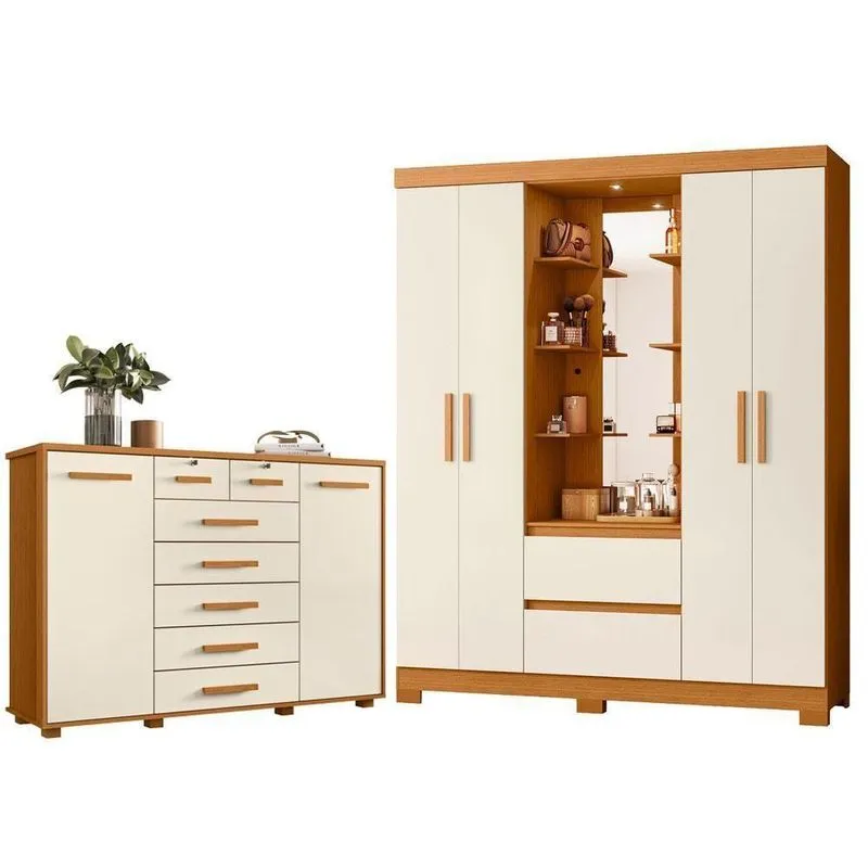 Guarda Roupa Solteiro Capelinha Olimpia 4 Portas 2 Gavetas Com Cômoda Fontana Cinamomo Off White