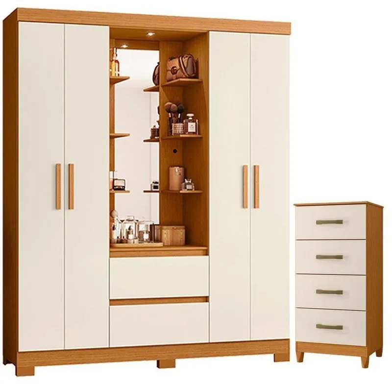 Guarda Roupa Solteiro Capelinha Olimpia E Cômoda Mobi 4 Portas 2 Gavetas Mdp Cinamomo Off White