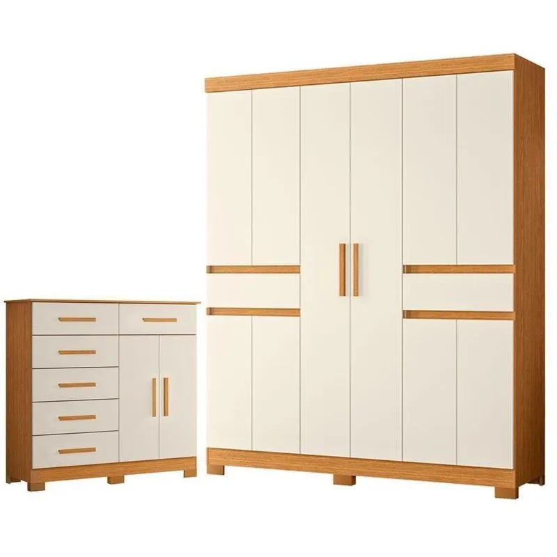 Guarda Roupa Casal Olimpia 10 Portas De Bater 2 Gavetas Com Cômoda Xangai Cinamomo Off White