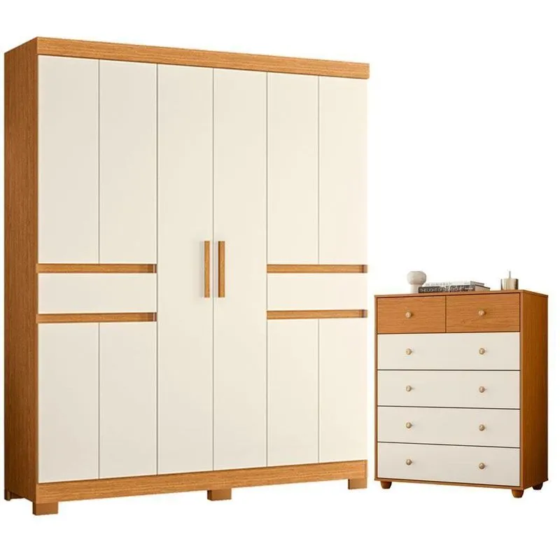 Guarda Roupa Casal Olimpia 10 Portas De Bater Com Cômoda Vittoria 6 Gavetas Cinamomo Off White