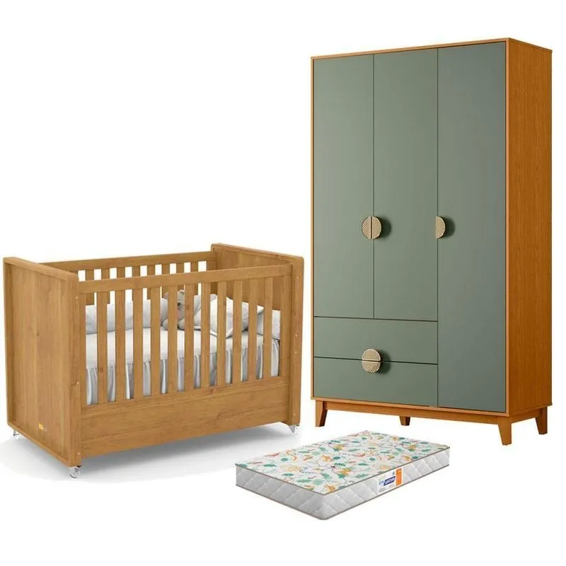 Berço Americano Tutto New Mdf Com Colchão E Guarda Roupa Ipê 3 Portas Albatroz Móveis