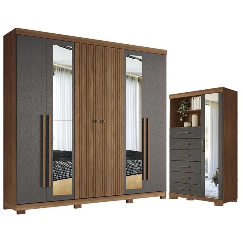 Guarda Roupa Casal Com Cômoda Ripado 6 Portas De Bater 4 Gavetas MDF-MDP Jatobá Grafite Acetinado