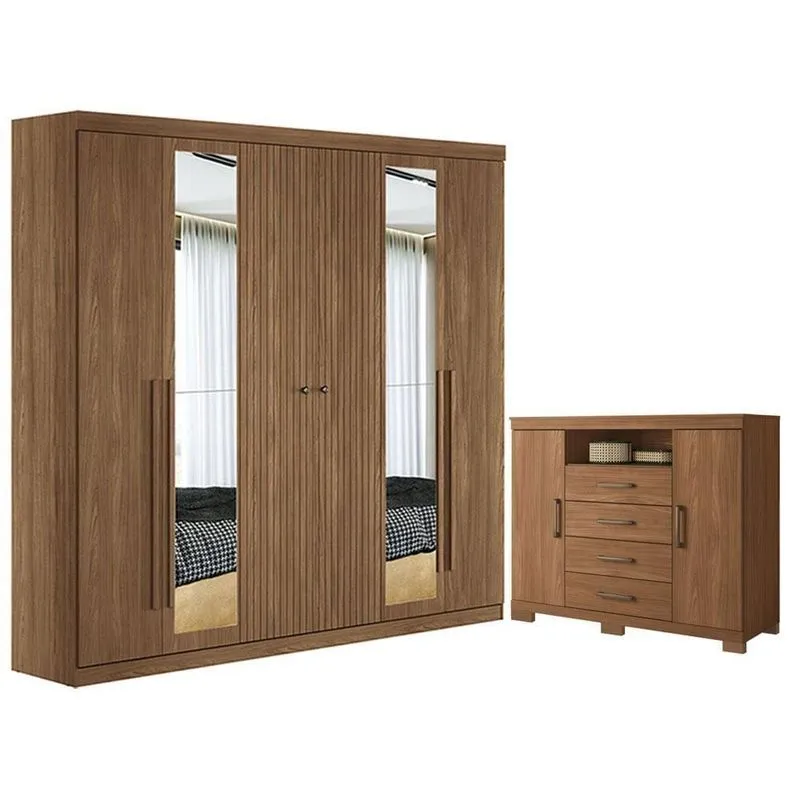 Guarda Roupa Casal Ripado Buriti 6 Portas De Bater Com Espelho E Cômoda Havana Master 4 Gavetas
