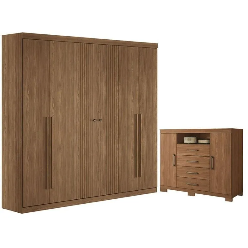 Guarda Roupa Casal Ripado Buriti 6 Portas De Bater 4 Gavetas Mdf-mdp Com Cômoda Havana Master Jatobá
