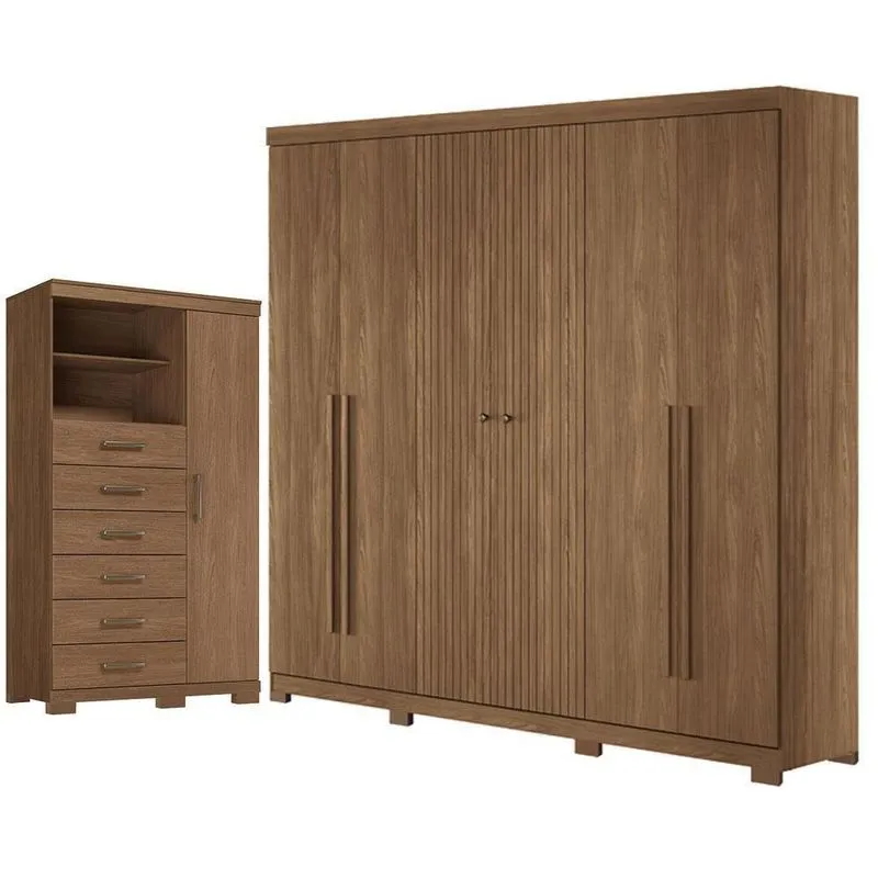 Guarda Roupa Casal Ripado 6 Portas De Bater 10 Gavetas Mdf-mdp Com Cômoda Marabá Jatobá Acetinado
