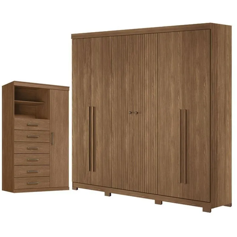 Guarda Roupa Casal Com Cômoda Ripado 6 Portas De Bater 4 Gavetas Mdf-mdp Jatobá Acetinado Santos