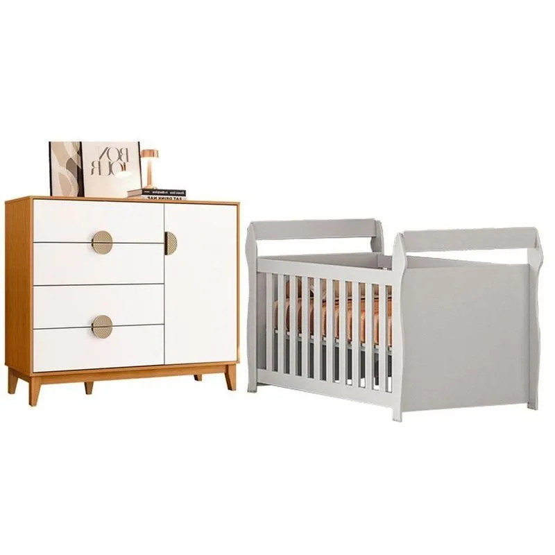 Berço Americano Com Cômoda Sapateira Star MDF Branco E Cinamomo Albatroz