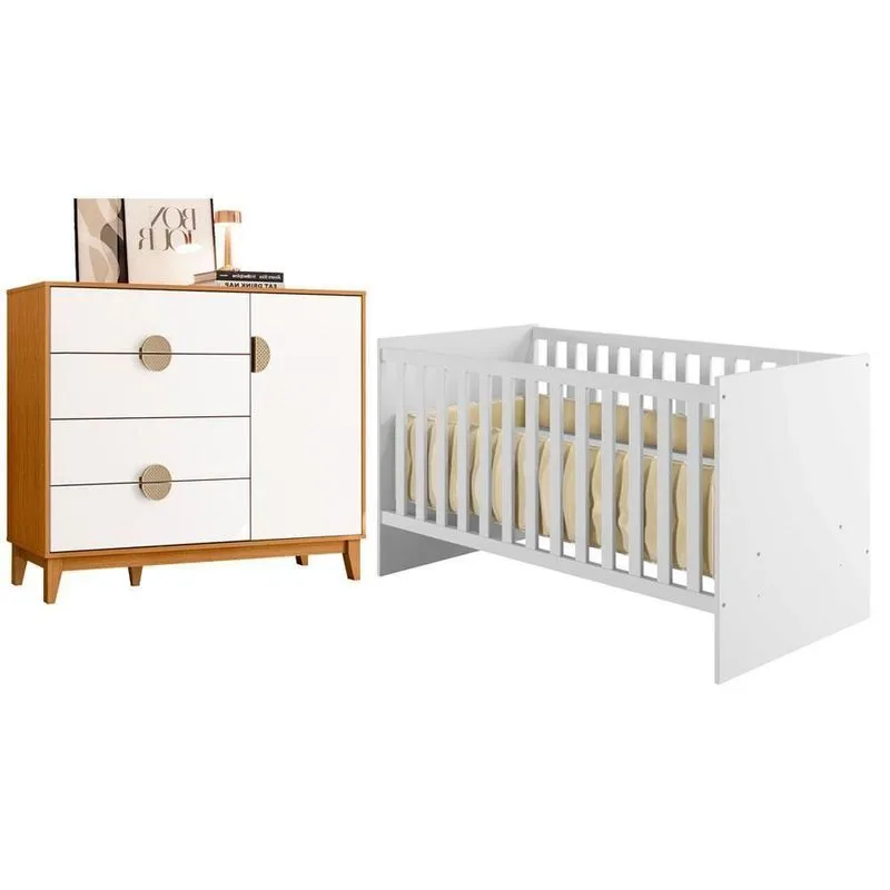 Berço Convencional Com Cômoda Sapateira Life 2186 MDF Branco E Cinamomo Albatroz