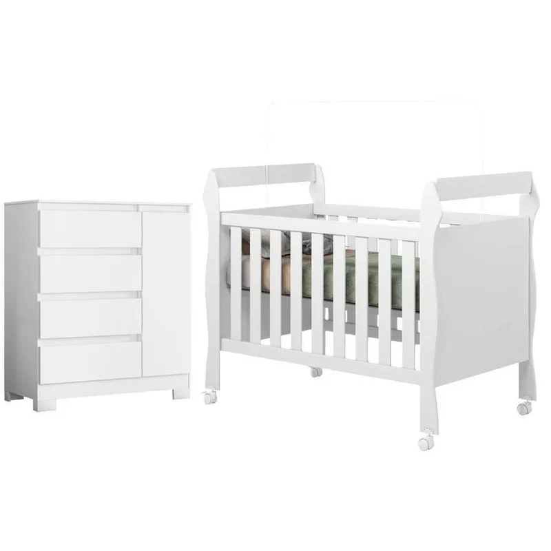 Berço Americano Com Cômoda Sapateira Olimpia 4 Gavetas MDF E MDP Branco Albatroz Móveis