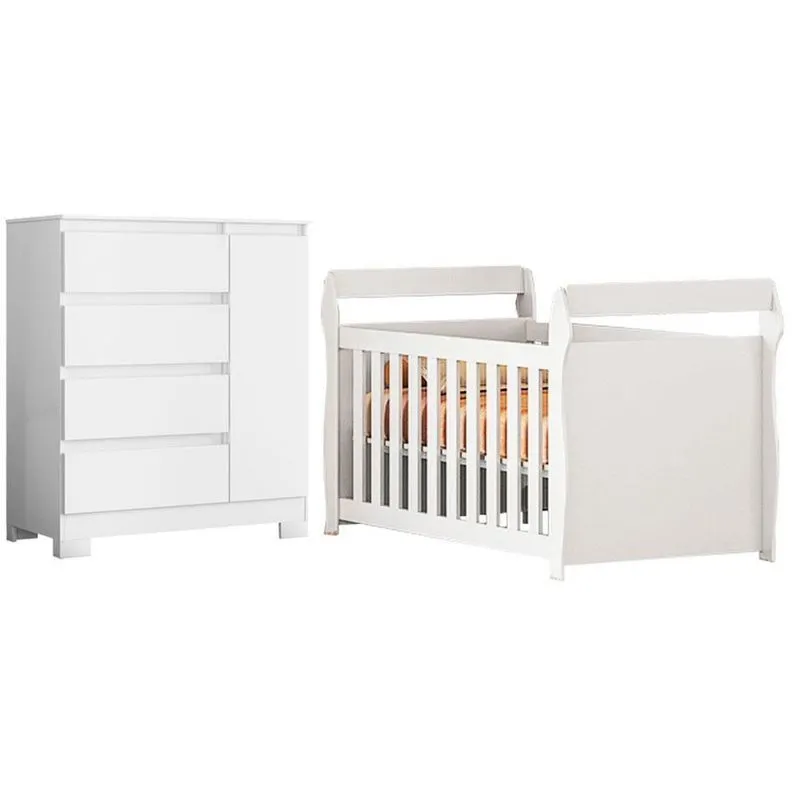 Berço Americano Com Cômoda Sapateira Star MDP E MDF Branco Albatroz Móveis