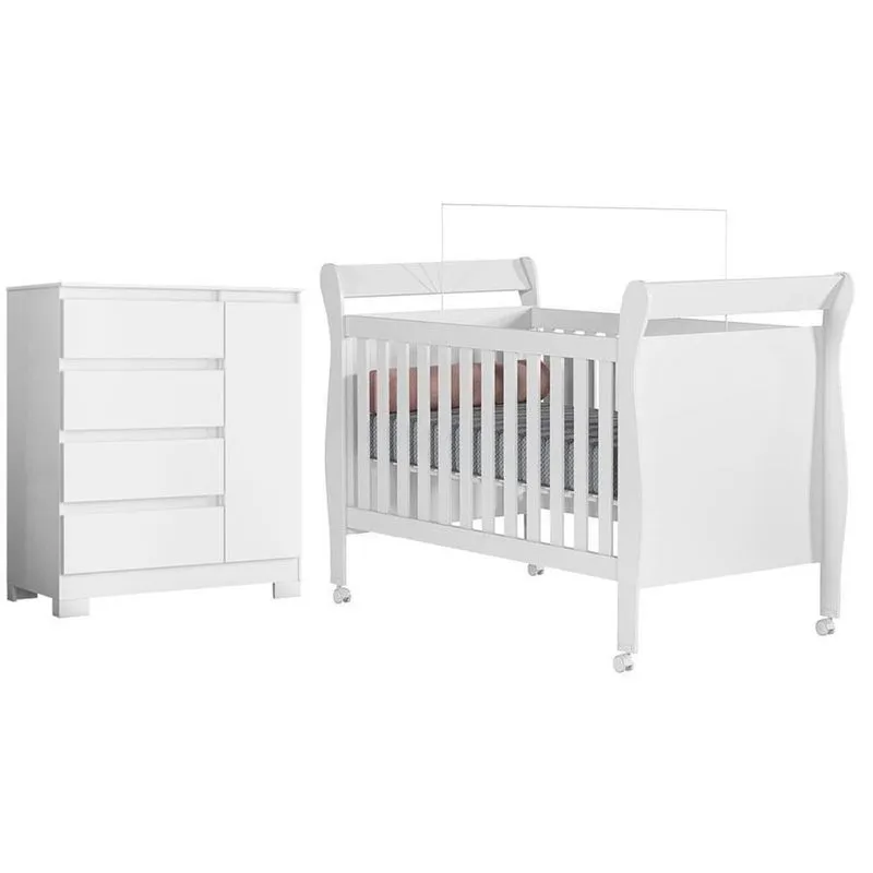 Berço Americano Com Cômoda Sapateira Olimpia 4 Gavetas MDP MDF Branco Albatroz Móveis