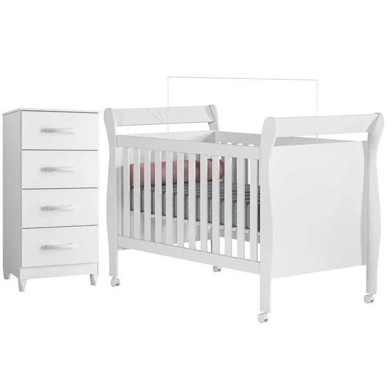 Berço Americano Slim Com Cômoda Mobi 4 Gavetas MDF Branco Flex