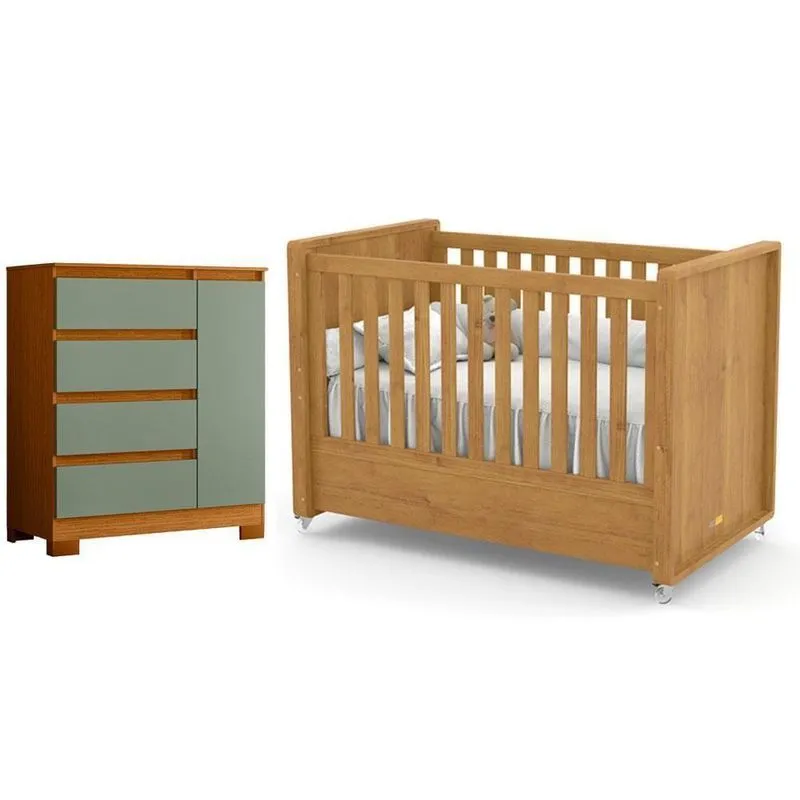 Berço Americano Com Cômoda Sapateira Tutto New Freijó MDF 4 Gavetas Cinamomo Sálvia Albatroz Móveis
