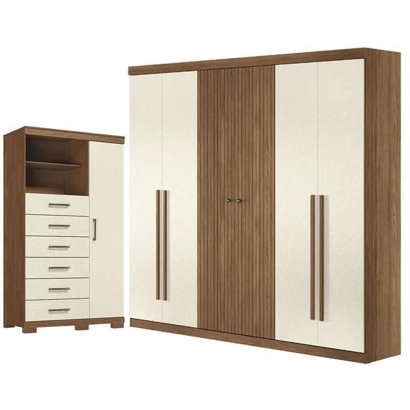 Guarda Roupa Casal Ripado Buriti 6 Portas De Bater 4 Gavetas Mdf-mdp Com Cômoda Marabá Areia