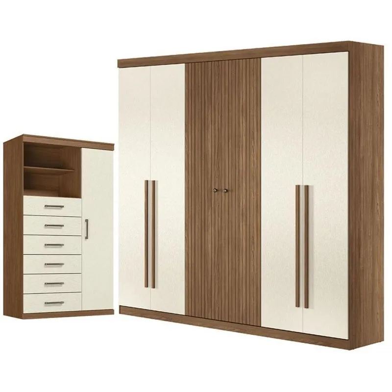 Guarda Roupa Casal Ripado Buriti 6 Portas 4 Gavetas Mdf-mdp Cômoda Marabá Jatobá Areia Acetinado