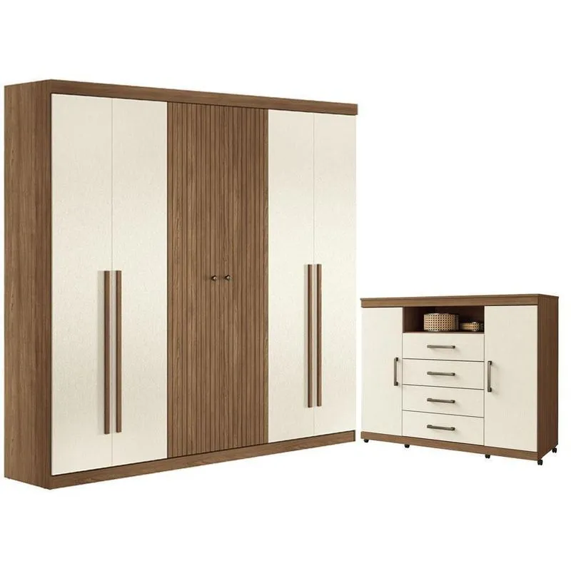 Guarda Roupa Casal Ripado Buriti 6 Portas De Bater Com Cômoda Havana Master 4 Gavetas Mdf-mdp Jatobá