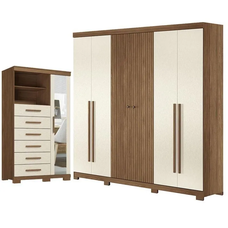 Guarda Roupa Casal Com Cômoda Ripado 6 Portas 10 Gavetas Mdf-mdp Com Espelho Jatobá Areia Acetinado