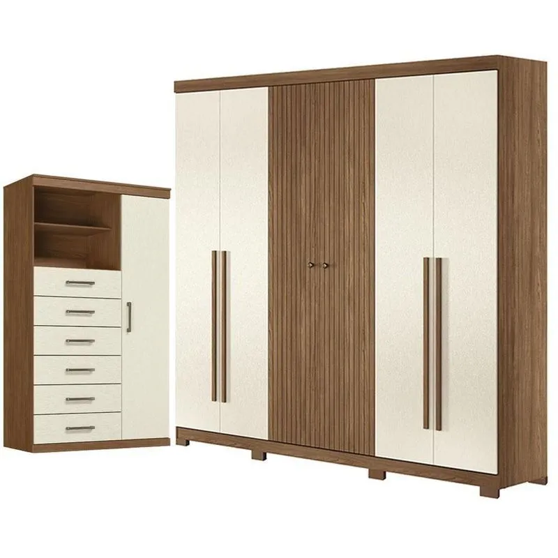 Guarda Roupa Casal Ripado 6 Portas De Bater 4 Gavetas MDF-MDP Com Cômoda Marabá Jatobá Areia