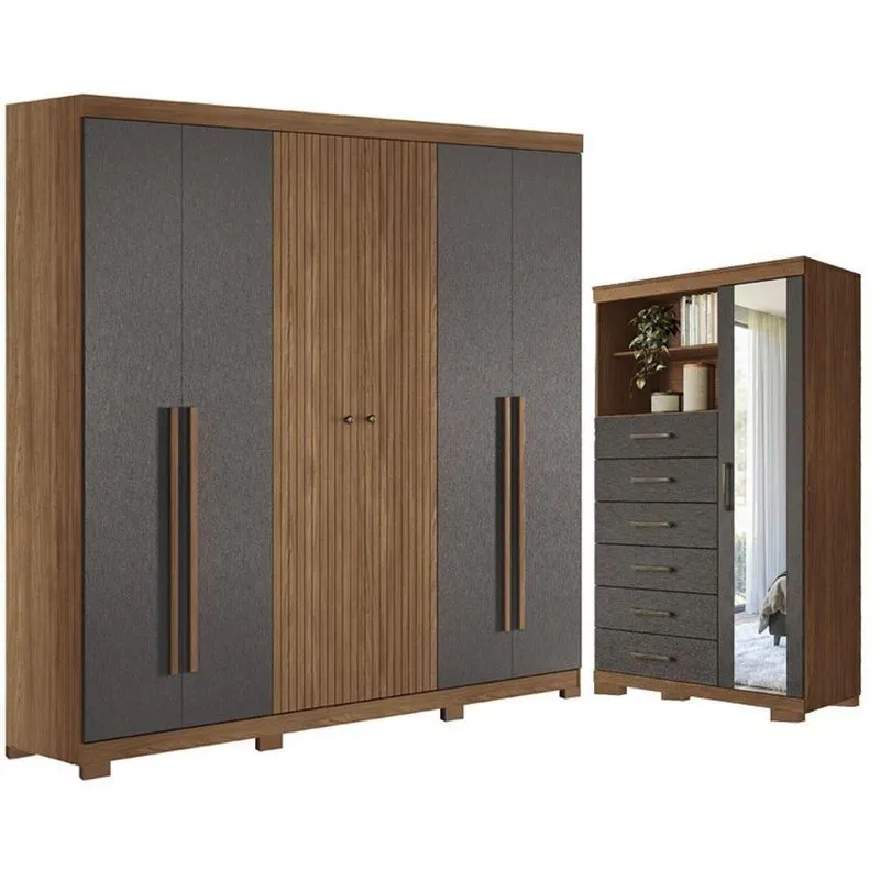 Guarda Roupa Casal Com Cômoda Ripado 6 Portas 10 Gavetas MDF-MDP Com Espelho Jatobá Grafite