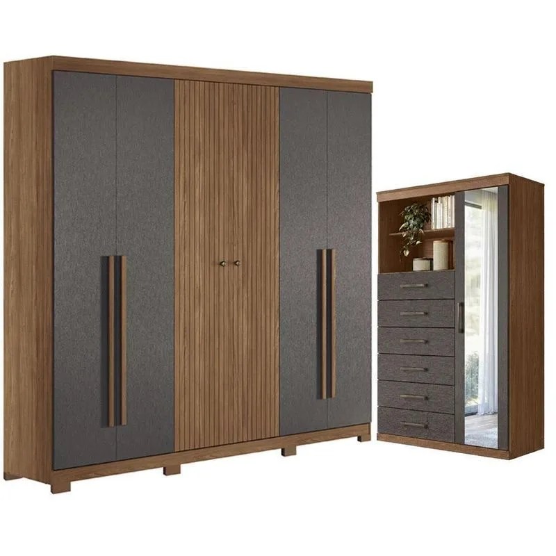 Guarda Roupa Casal Ripado 6 Portas De Bater 4 Gavetas Mdf-mdp Com Cômoda Marabá Com Espelho Jatobá