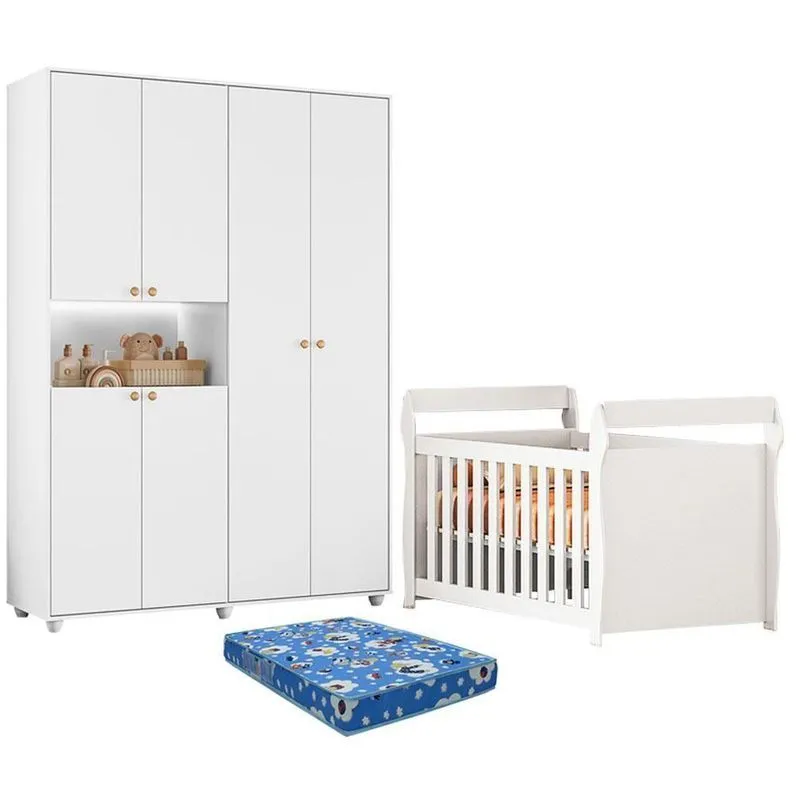 Berço Mini Americano Com Colchão E Guarda Roupa Vittoria 6 Portas Mdp Branco Albatroz Móveis