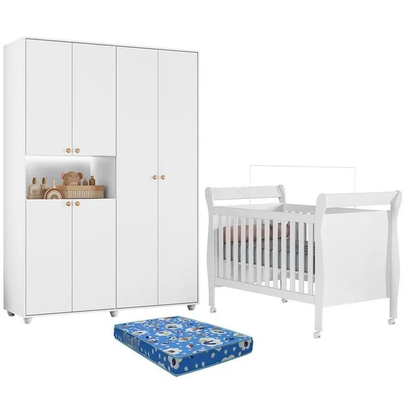 Berço Americano Com Colchão E Guarda Roupa Vittoria MDF Branco Albatroz Móveis