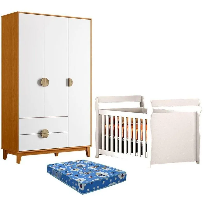 Berço Mini Americano Com Guarda Roupa E Colchão Mdp Cama Star Branco Cinamomo Albatroz Móveis