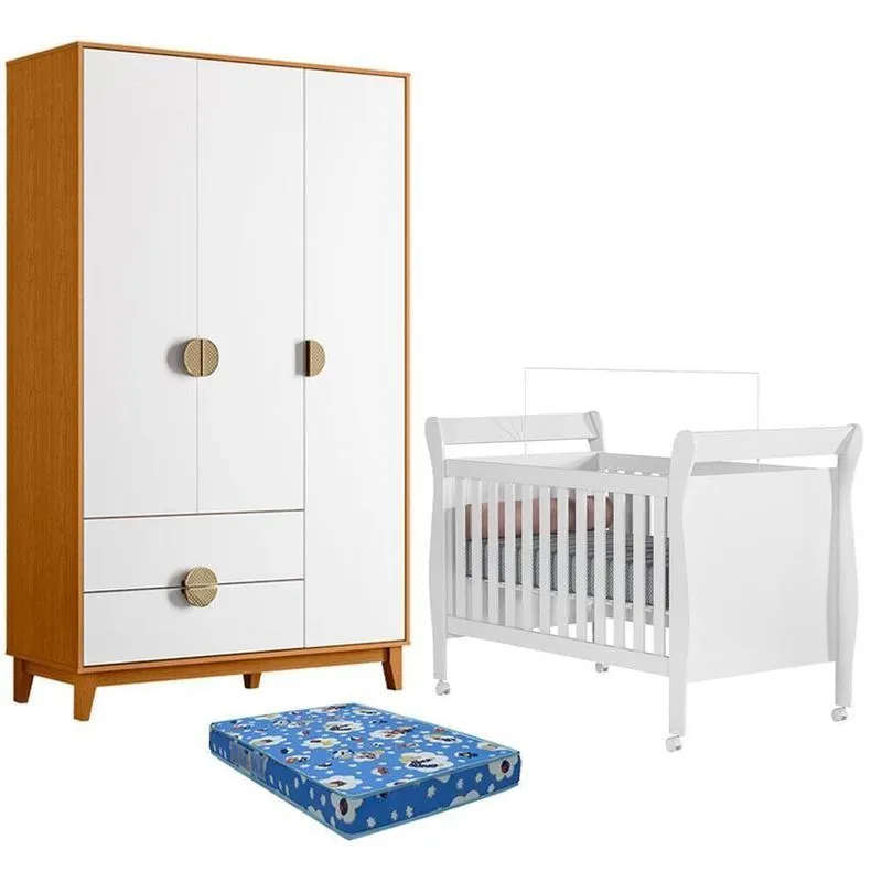 Berço Americano Slim Com Colchão E Guarda Roupa MDF Branco Cinamomo Albatroz Móveis