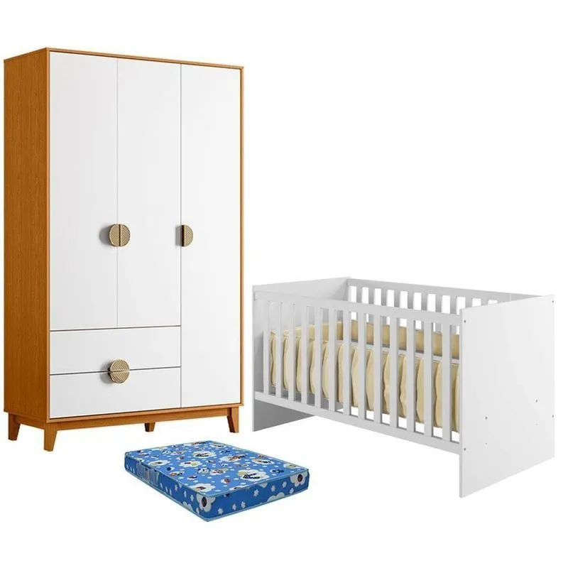 Berço Convencional Life 2186 MDF Com Colchão E Guarda Roupa Branco E Cinamomo
