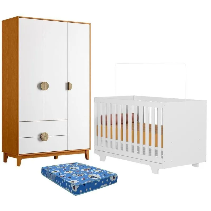 Berço Convencional Com Guarda Roupa E Colchão Life 2217 MDF Colchão Branco Cinamomo