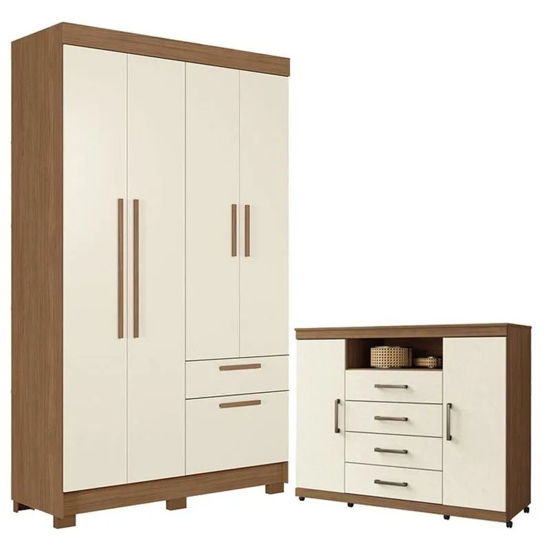 Guarda Roupa Solteiro Londrina 4 Portas 2 Gavetas Mdp Jatobá Areia Com Cômoda Havana Master Santos