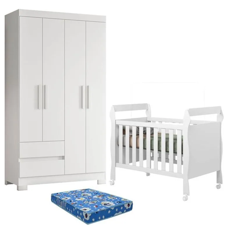 Berço Americano Mini Cama Soninho Com Guarda Roupa E Colchão Ortobom Branco Albatroz Móveis