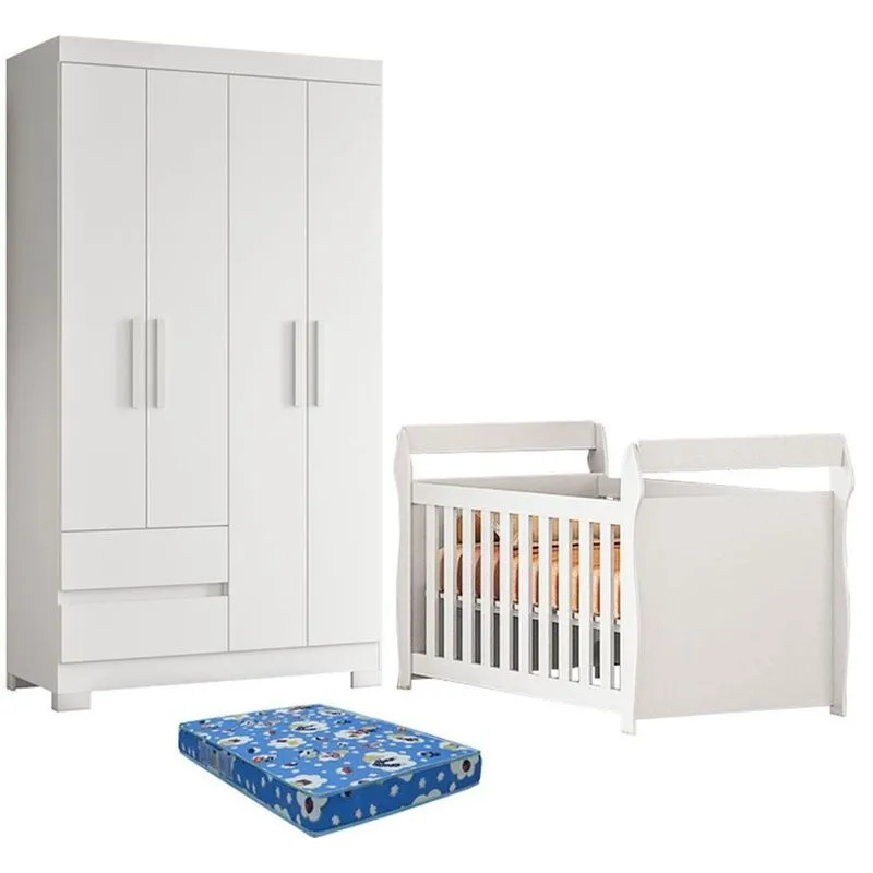 Berço Mini Americano Cama Star Com Colchão E Guarda Roupa Olimpia 4 Portas MDP Branco Albatroz