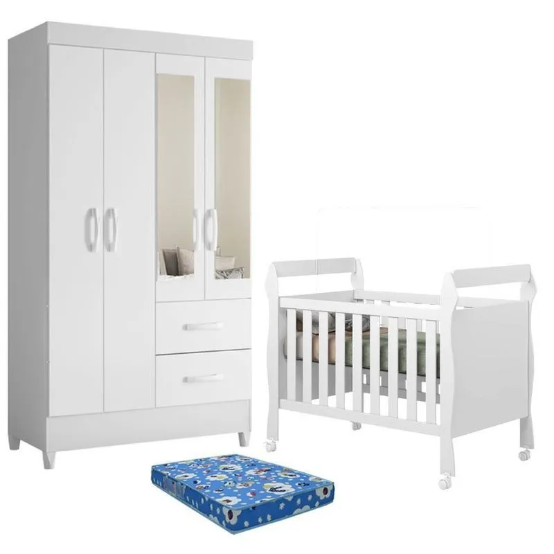 Berço Americano Mini Cama Soninho Com Guarda Roupa E Colchão Incluso MDF Branco