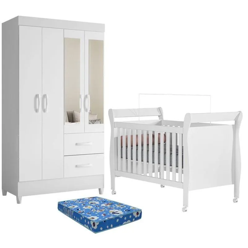 Berço Americano Com Guarda Roupa E Colchão Incluso MDF Branco