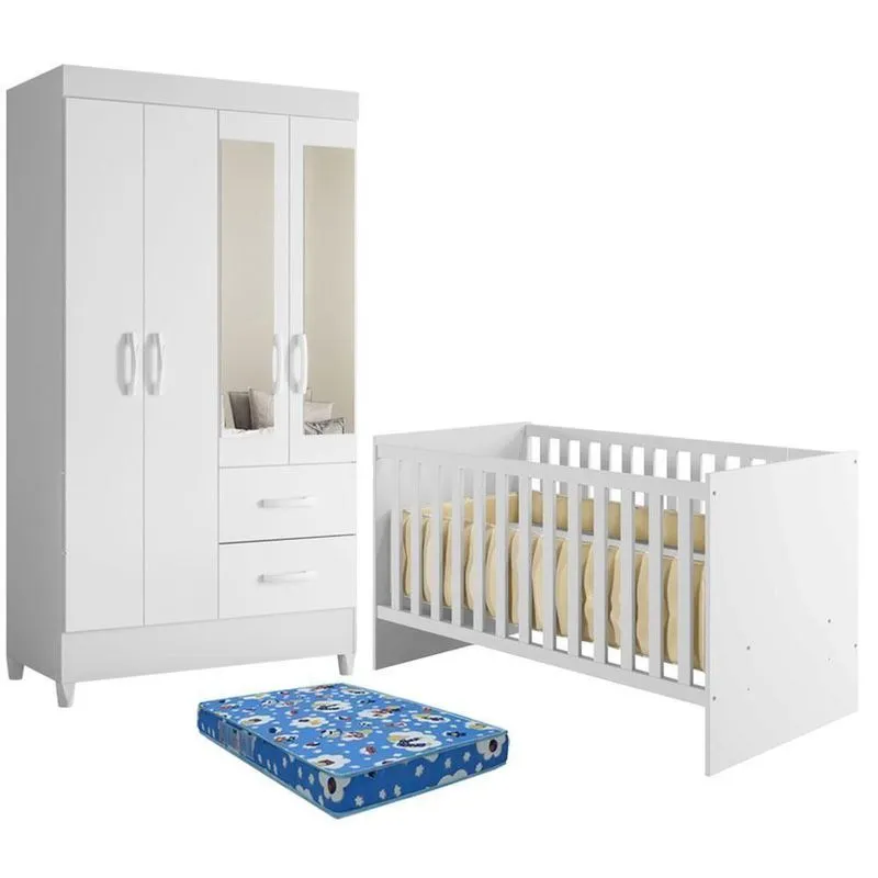 Berço Convencional Life 2186 MDF com Colchão e Guarda Roupa com Espelho Branco Albatroz Móveis