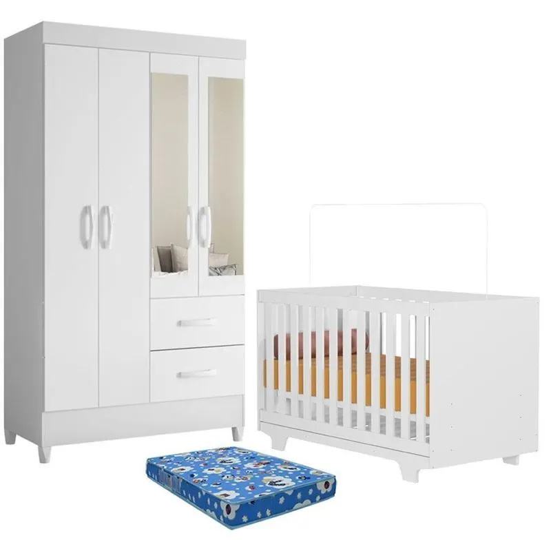 Berço Multifuncional Life 2217 MDF Colchão Incluso Branco Guarda Roupa Com Espelho